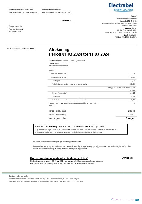 Belgium Electrabel electricity business utility bill template, fully editable in Word and PDF format